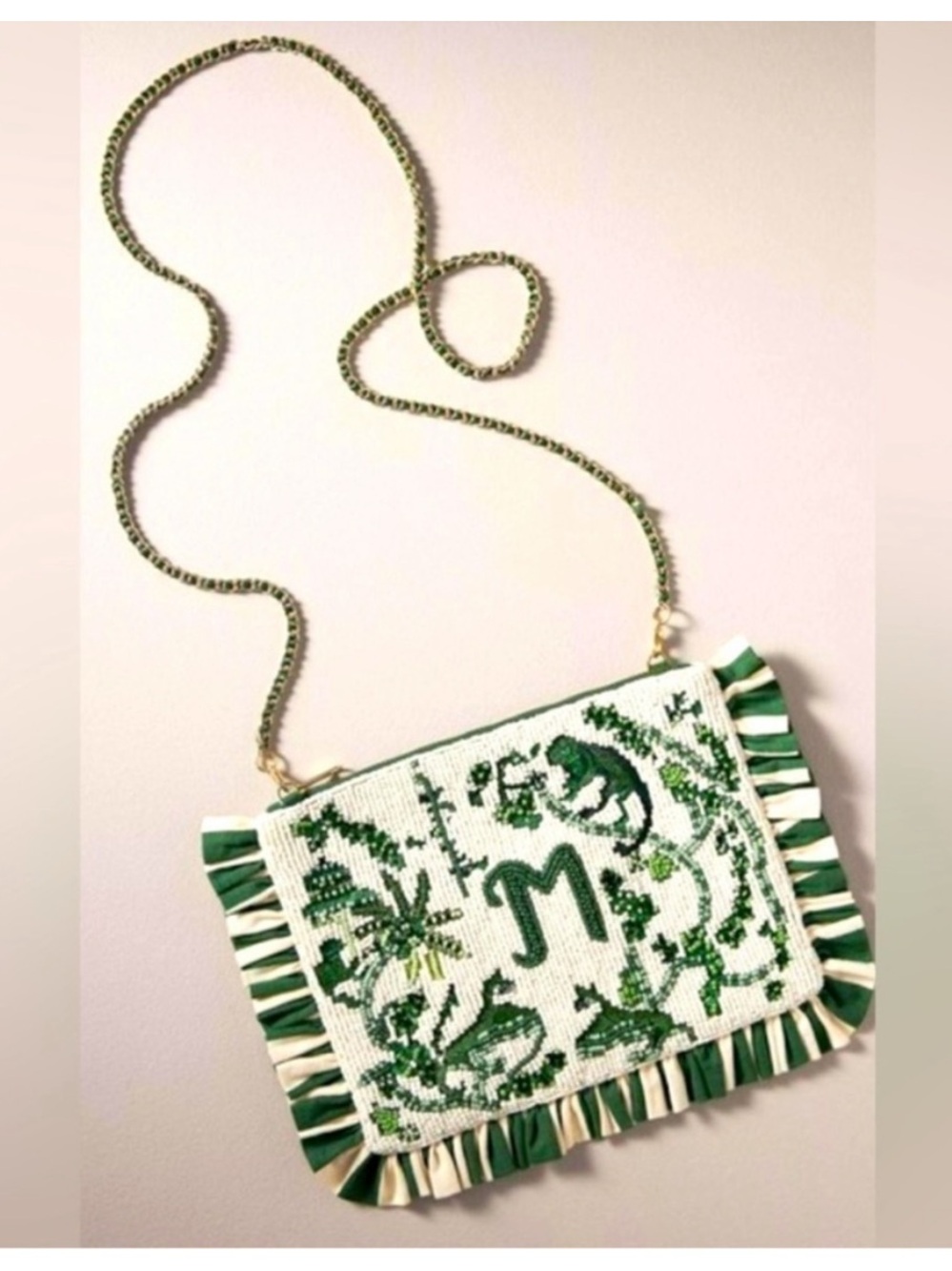 Anthropologie Green and White M Anna Embroidered Ruffle Beaded Crossbody Bag - Picture 2 of 11